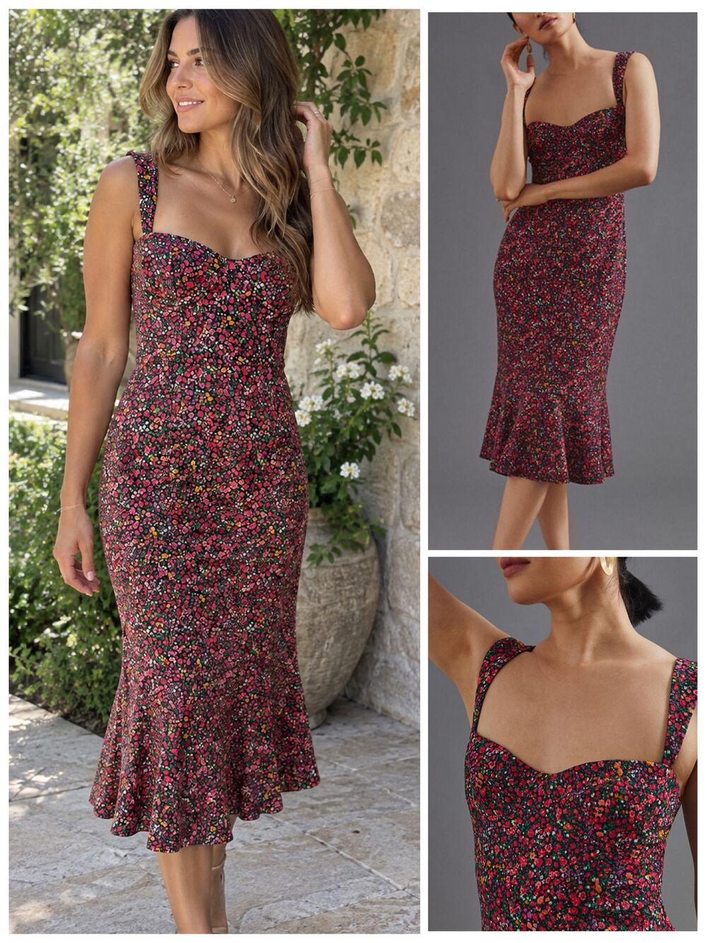 Hutch Black Floral Mermaid Midi Dress size Small Anthropologie